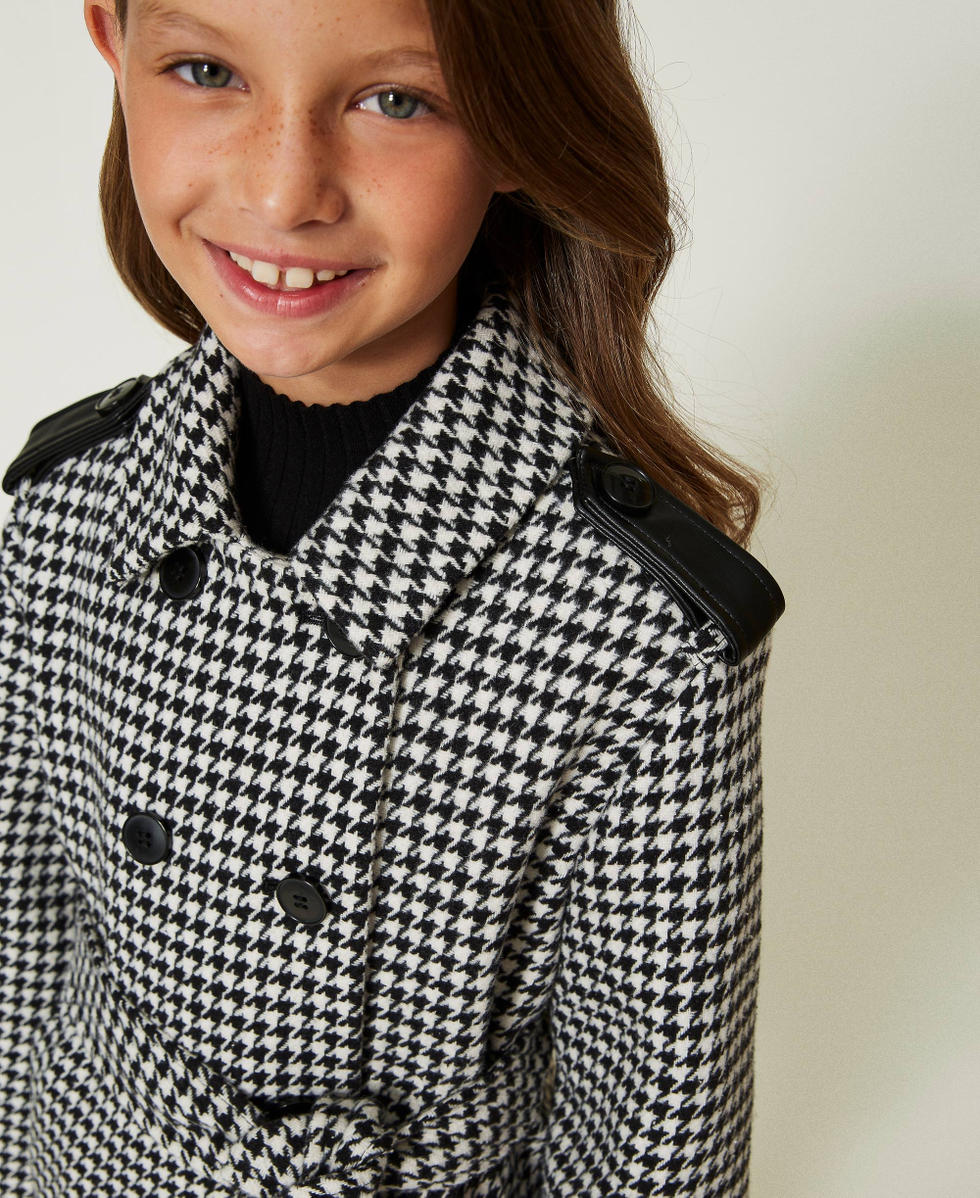 Houndstooth wool cloth coat Snow / Black Houndstooth Pattern Girl 232GJ2270_05668_04