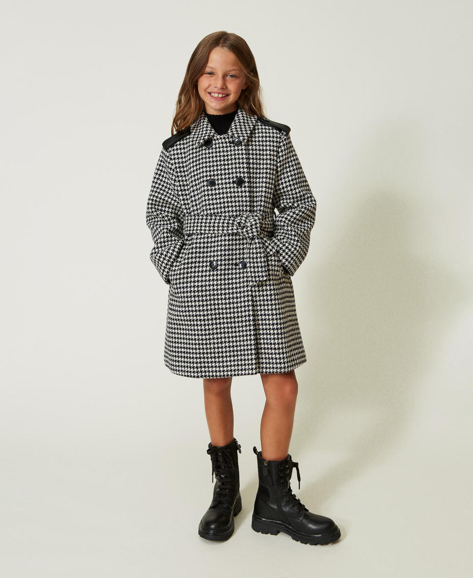 Houndstooth wool cloth coat Snow / Black Houndstooth Pattern Girl 232GJ2270-05