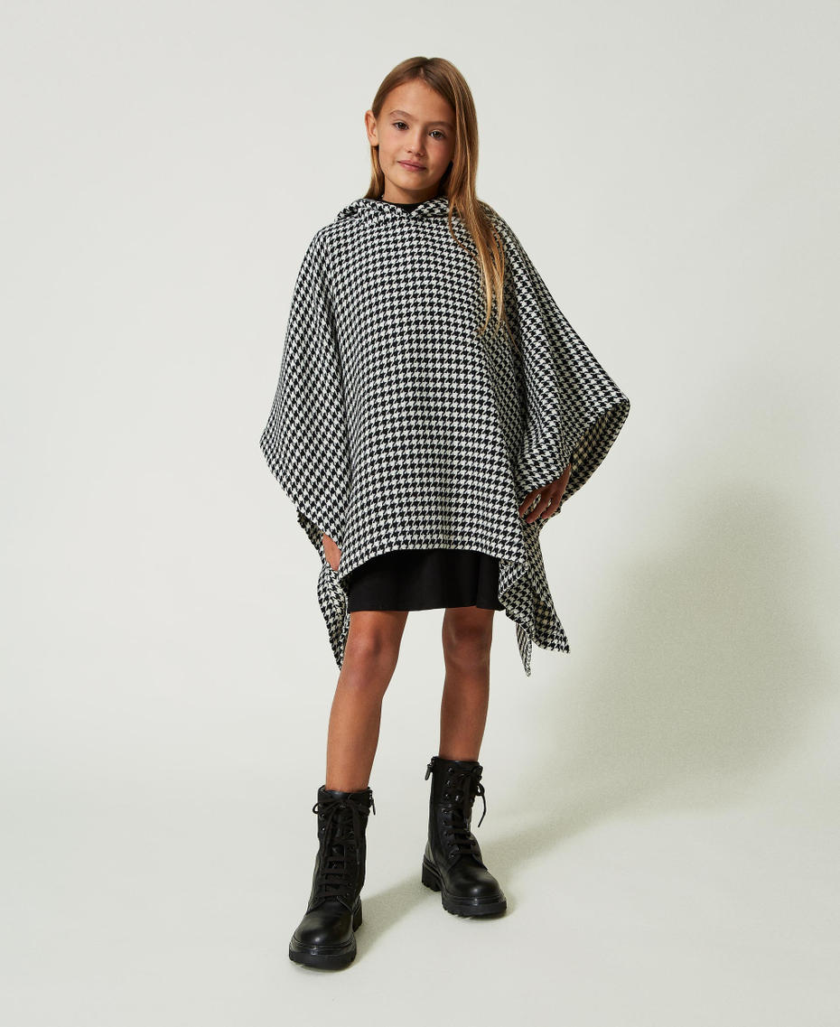 Houndstooth wool cloth poncho Snow / Black Houndstooth Pattern Girl 232GJ2291-01