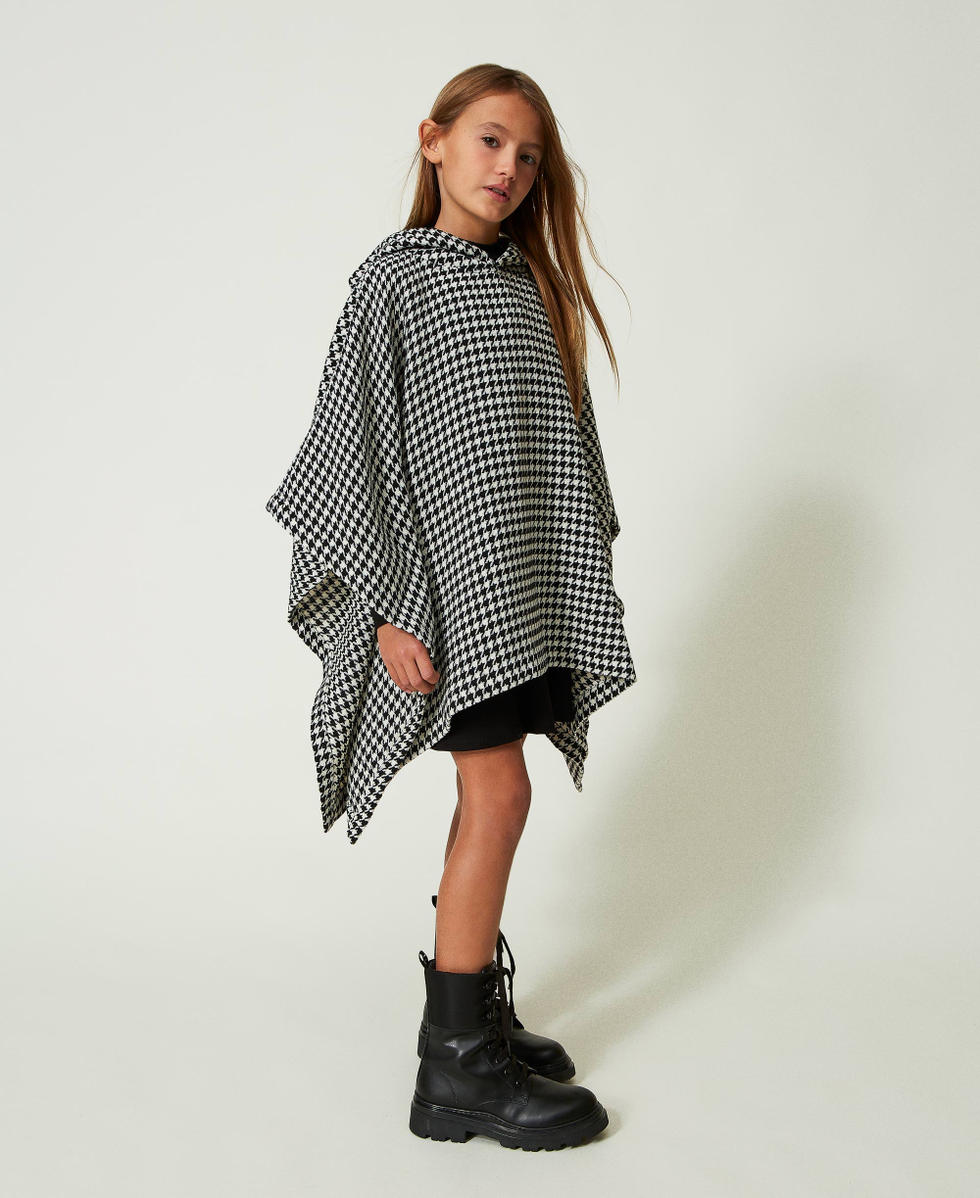 Houndstooth wool cloth poncho Snow / Black Houndstooth Pattern Girl 232GJ2291_05668_02