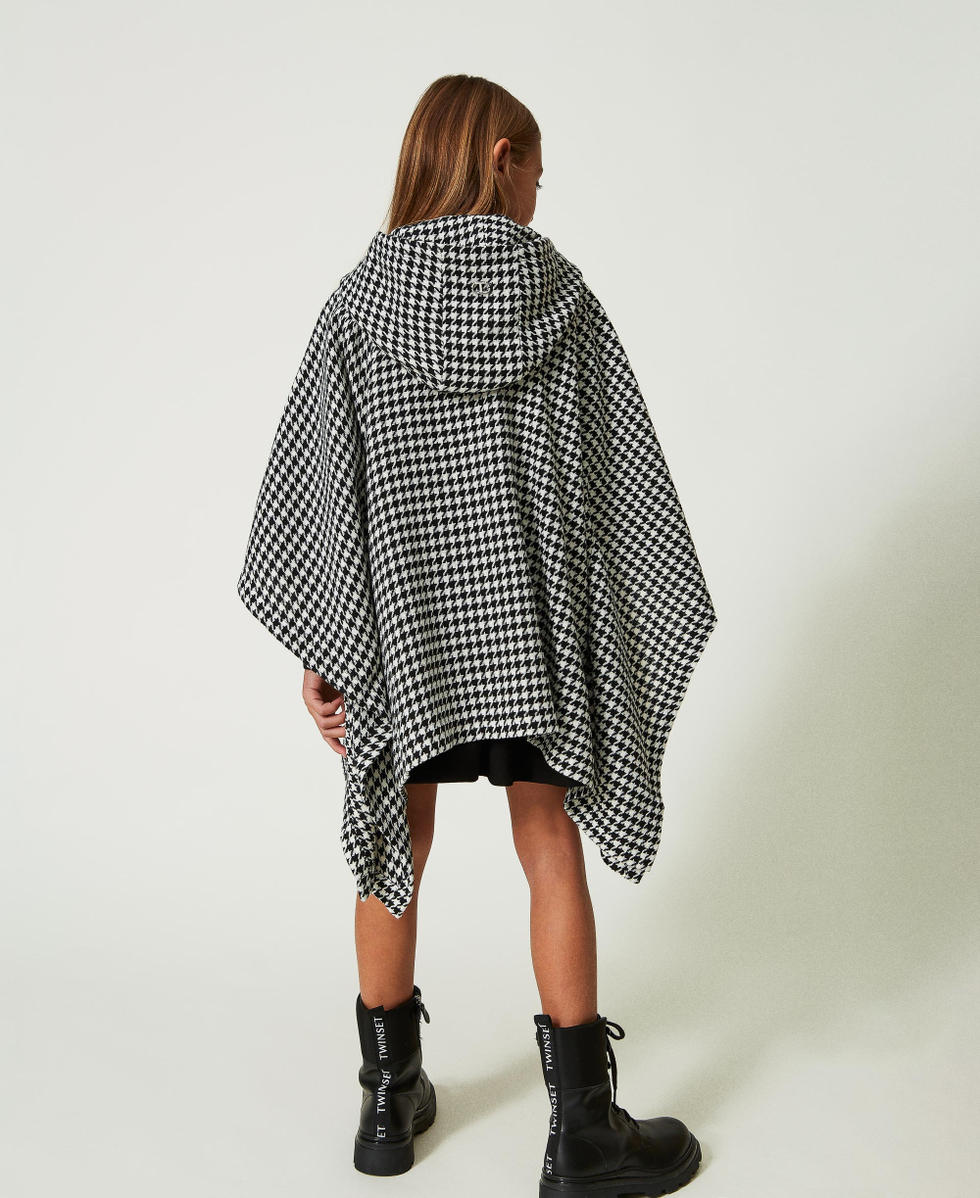 Houndstooth wool cloth poncho Snow / Black Houndstooth Pattern Girl 232GJ2291_05668_03