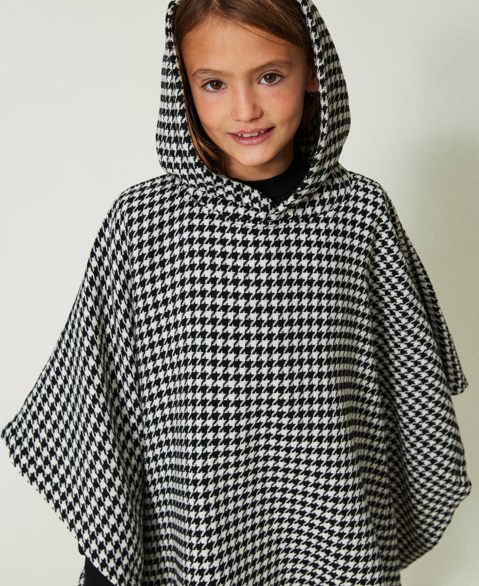 Houndstooth wool cloth poncho Snow / Black Houndstooth Pattern Girl 232GJ2291_05668_04