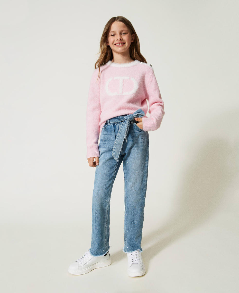 Paper bag jeans with rhinestones