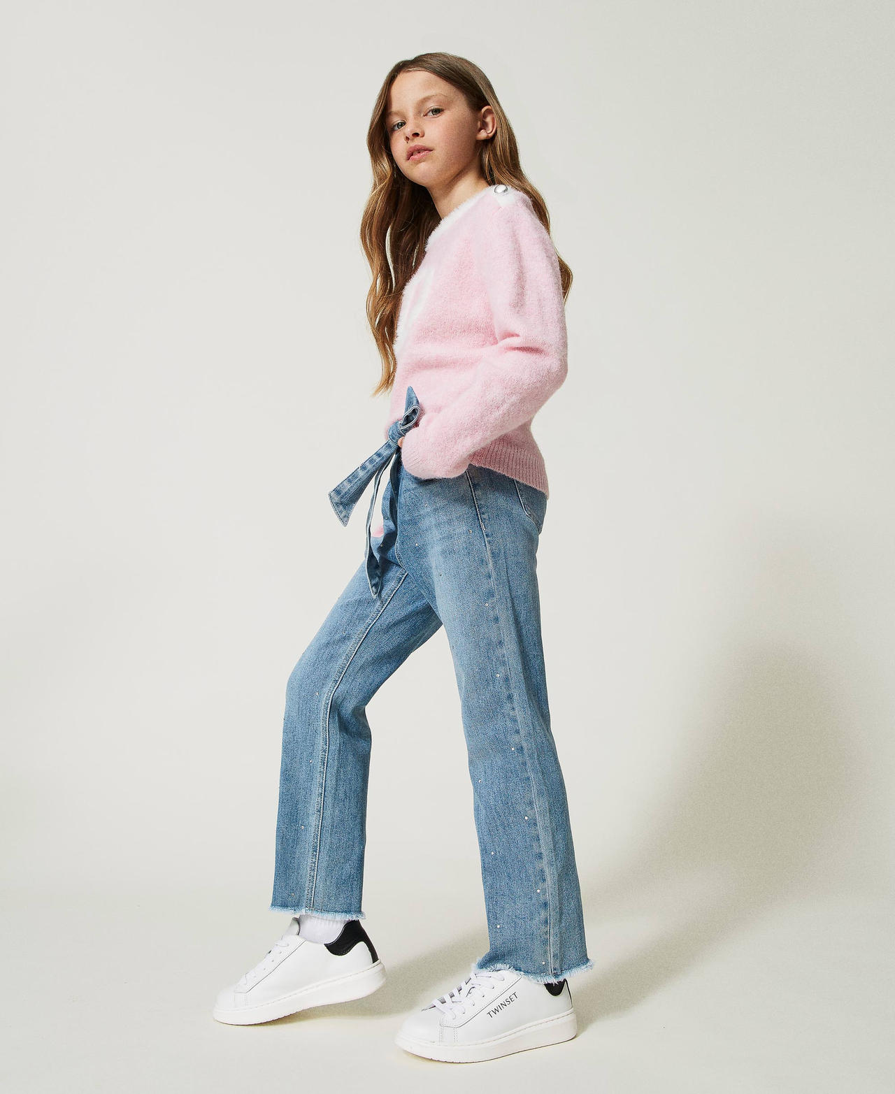 Paper bag jeans with rhinestones