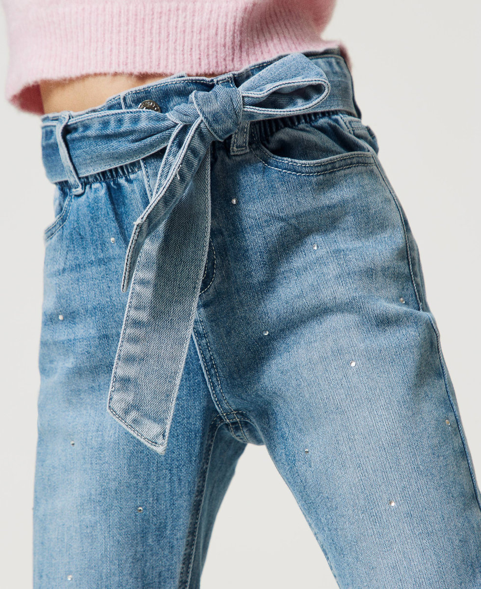 Paper bag jeans with rhinestones