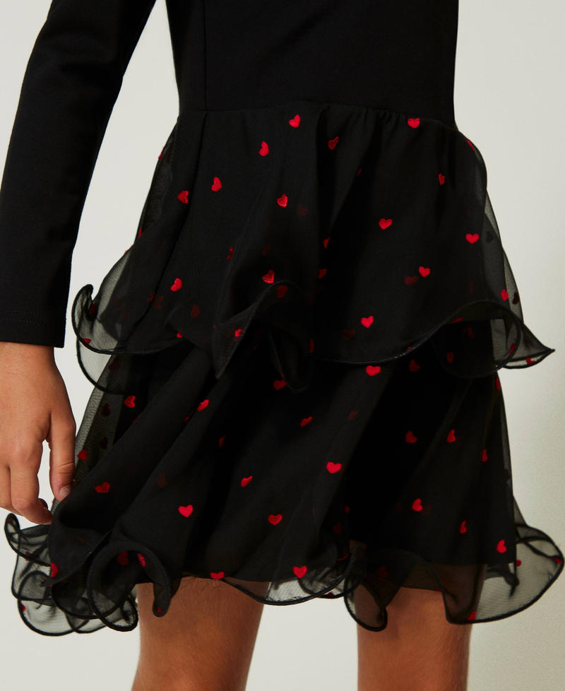 Short dress with heart pattern georgette Black / Ultra Red Heart Embroidery Girl 232GJ2460-04