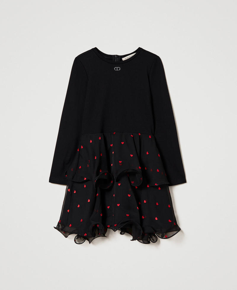 Kurzes Kleid mit Georgettebesatz mit Herzen Stickerei Herzen Schwarz / Ultra Red Mädchen 232GJ2460-0S