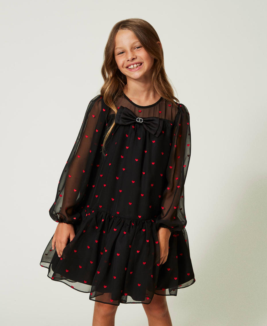 Short dress with heart pattern georgette and duchesse Black / Ultra Red Heart Embroidery Girl 232GJ2461-01