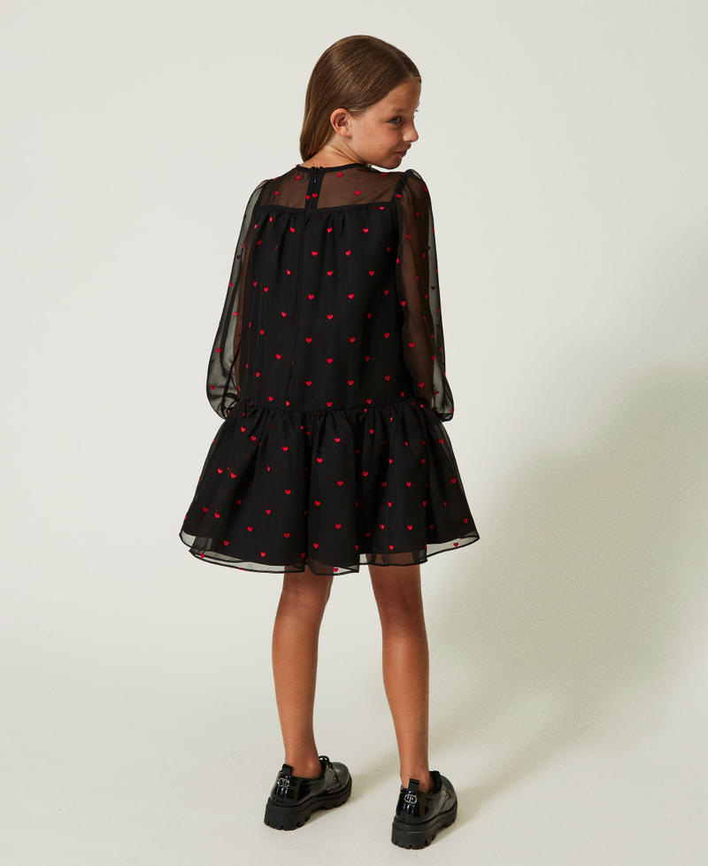 Short dress with heart pattern georgette and duchesse Black / Ultra Red Heart Embroidery Girl 232GJ2461-03