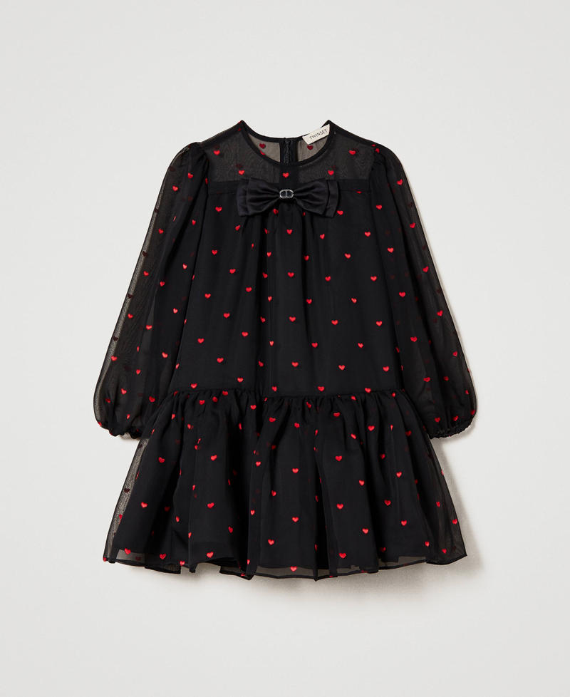 Vestido corto de georgette de corazones y duquesa Bordado Corazones Negro / Ultra Red Niña 232GJ2461-0S