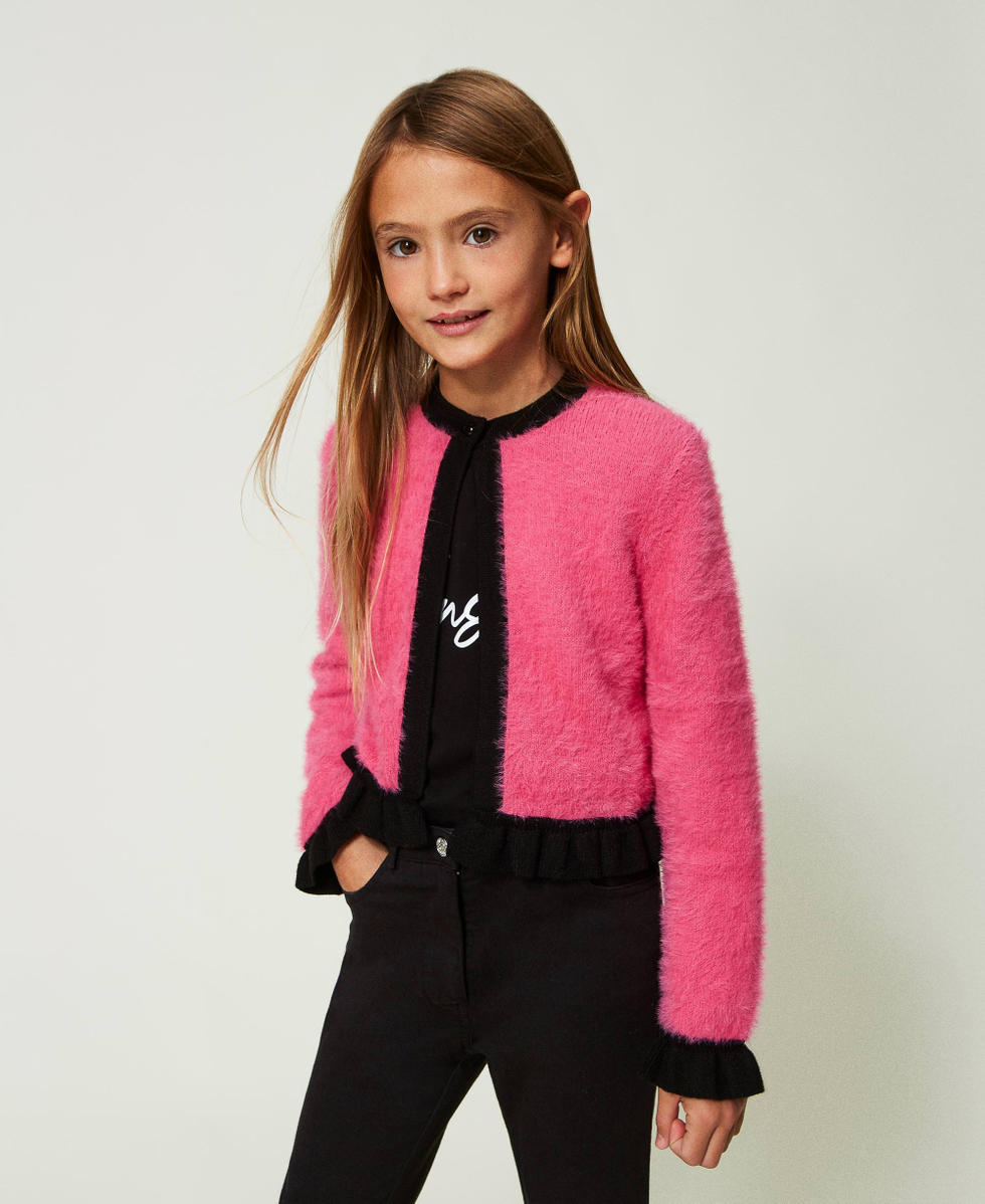 Plush toy-like jacket Two-tone Neon Pink / Black Girl 232GJ3650_10928_01