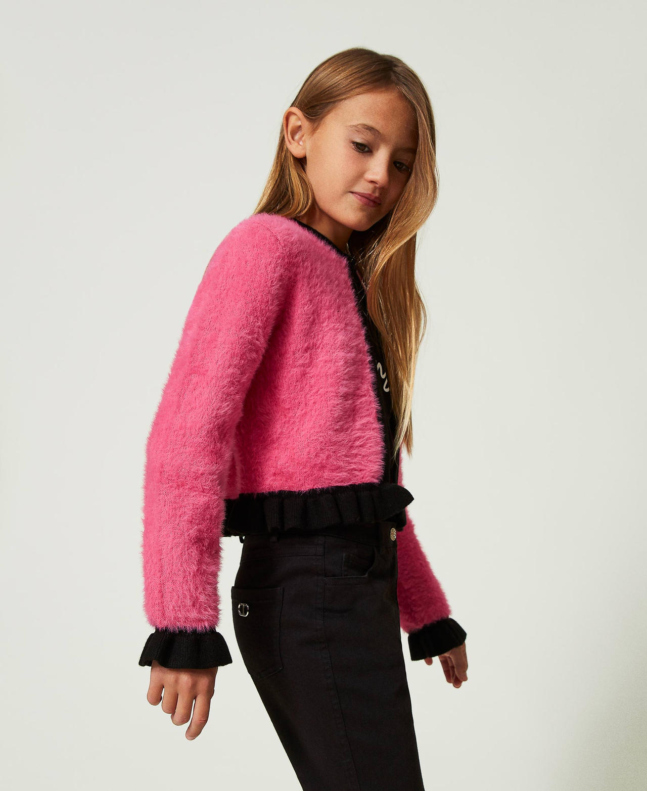 Plush toy-like jacket Two-tone Neon Pink / Black Girl 232GJ3650-02