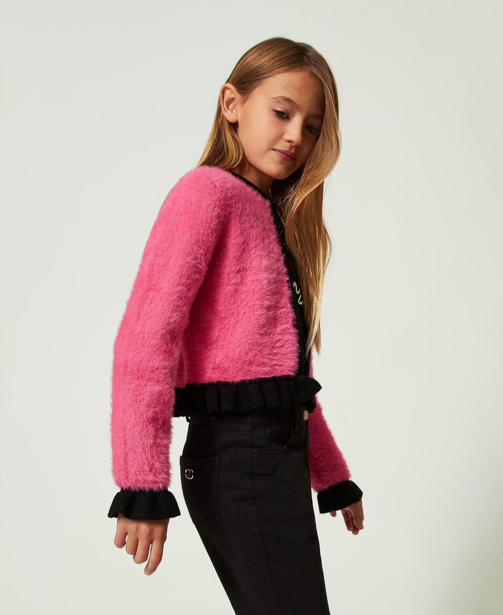 Plush toy-like jacket Two-tone Neon Pink / Black Girl 232GJ3650_10928_02