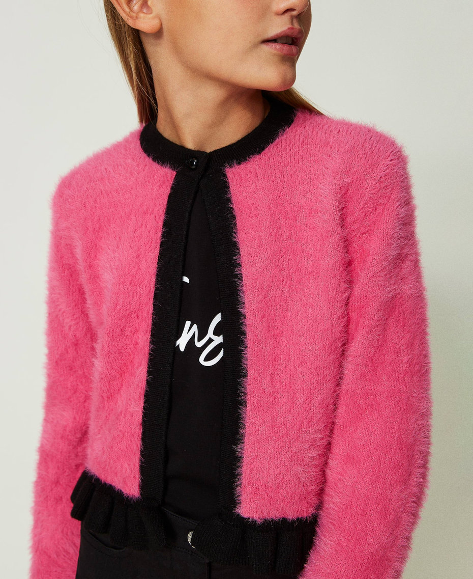 Plush toy-like jacket Two-tone Neon Pink / Black Girl 232GJ3650-04