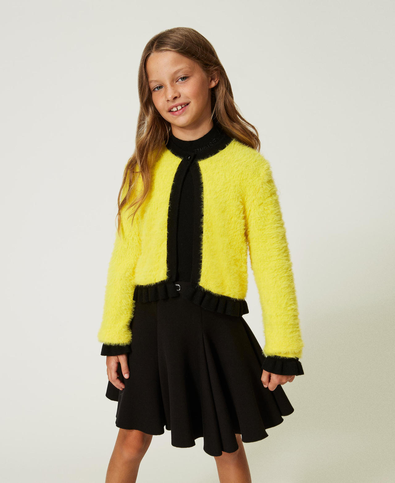 Giacca in maglia effetto peluche Bicolor Yellow / Neve Bambina 232GJ3650_10929_01