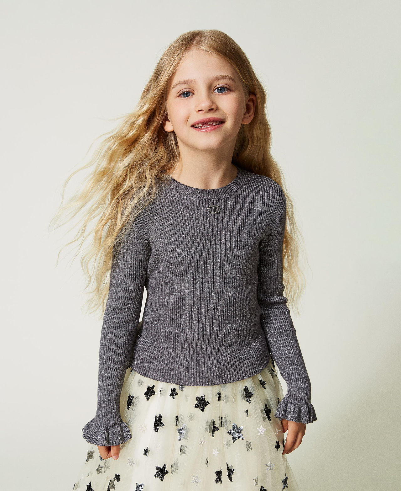 Maglia fitted in filato lurex Fumo Melange Bambina 232GJ3690_10921_01