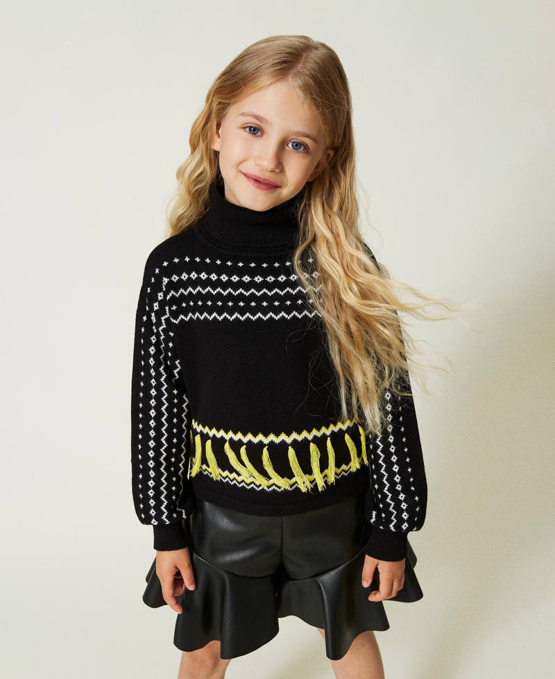 Jacquard turtleneck jumper with fringes