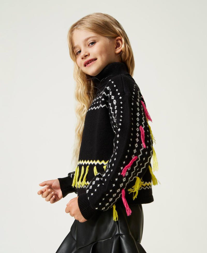 Jacquard turtleneck jumper with fringes Black Multicolour Girl 232GJ3700-03