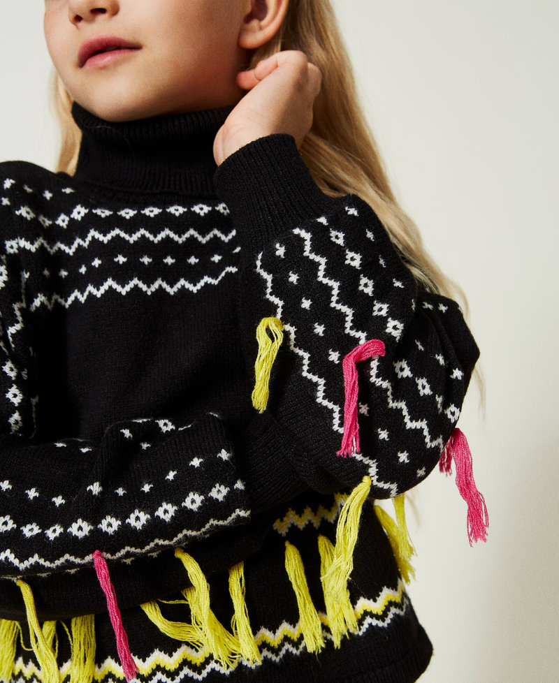 Jacquard turtleneck jumper with fringes