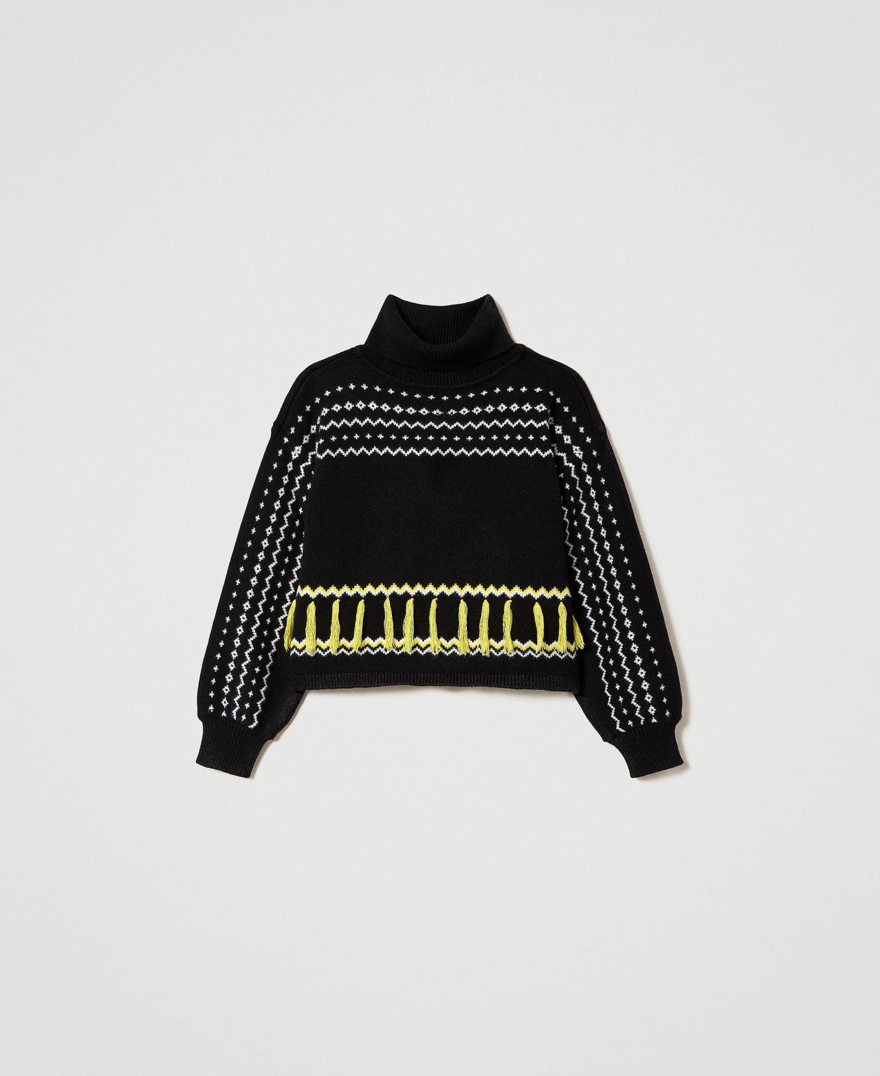 Jacquard turtleneck jumper with fringes