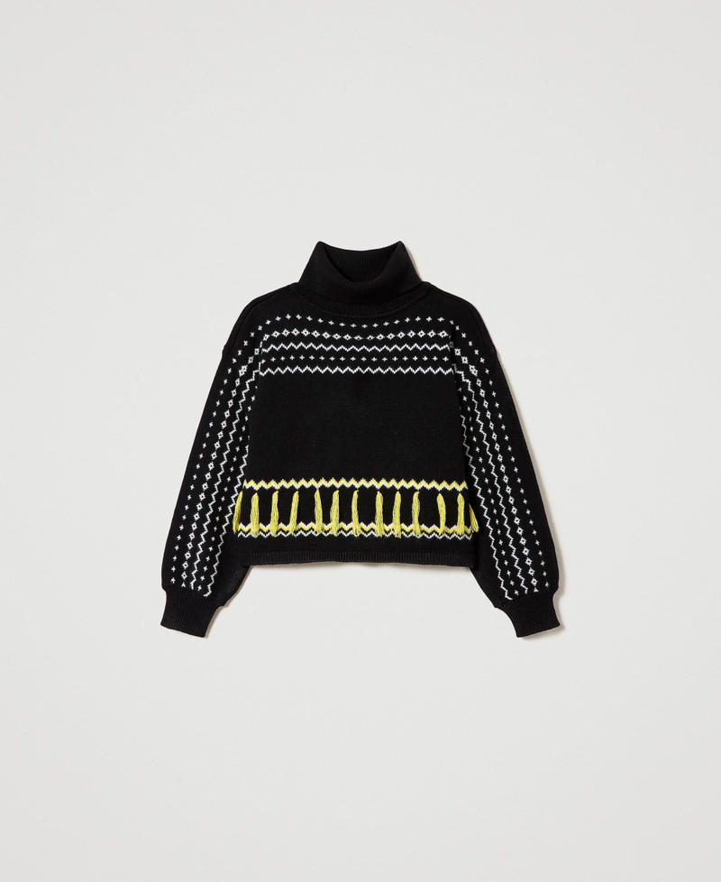 Jacquard turtleneck jumper with fringes