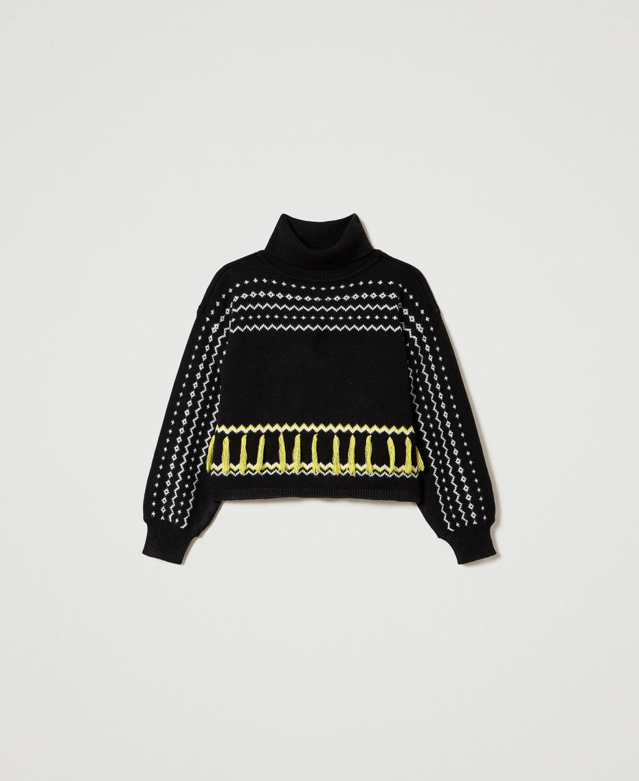 Jacquard turtleneck jumper with fringes Black Multicolour Girl 232GJ3700-0S