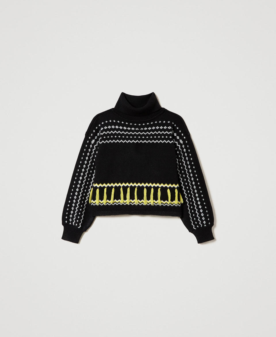 Jacquard turtleneck jumper with fringes Black Multicolour Girl 232GJ3700_10986_0S