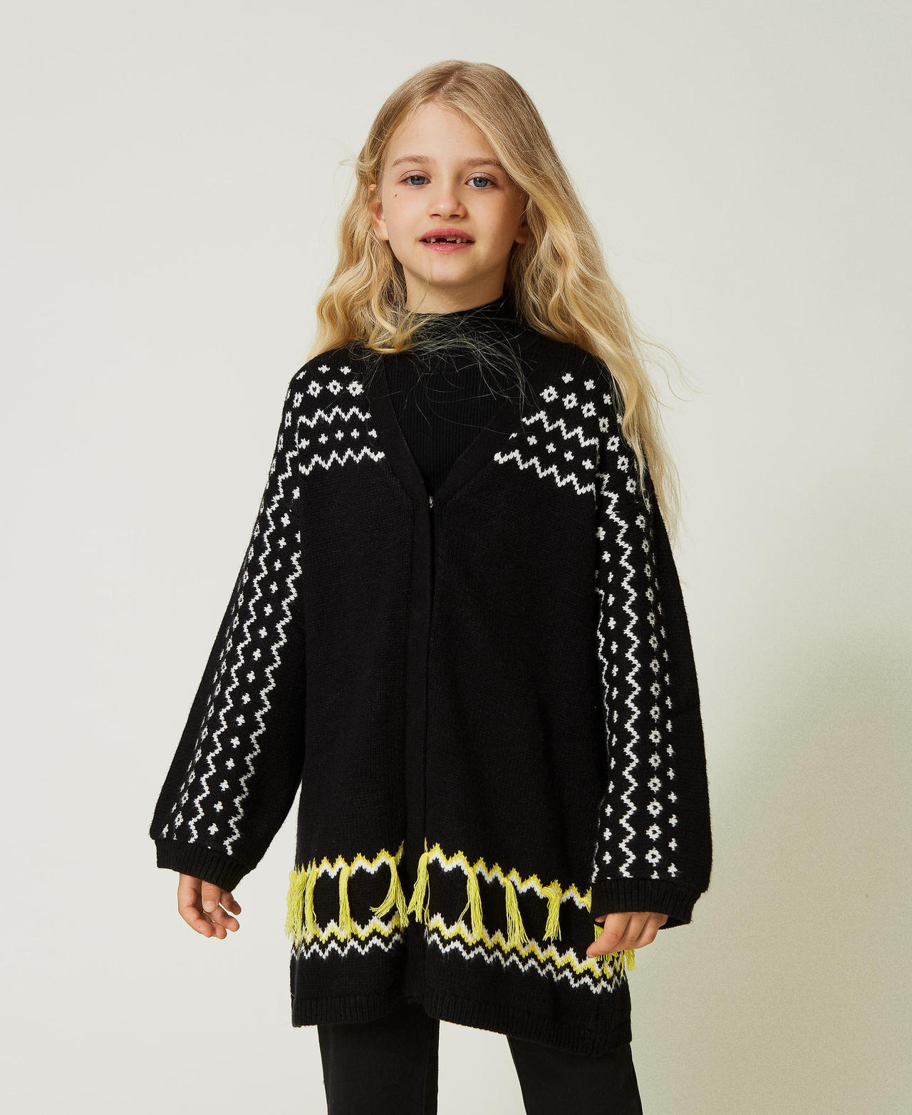Jacquard coat with fringes Black Multicolour Girl 232GJ3701-02