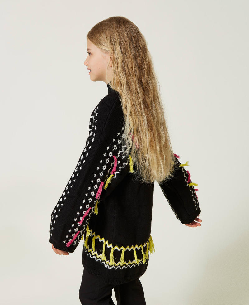 Jacquard coat with fringes Black Multicolour Girl 232GJ3701-03