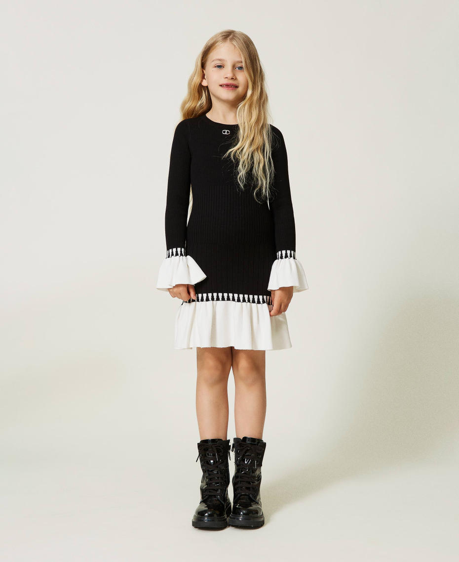 Short ribbed dress with flounces Bicolour Black / Off White Girl 232GJ3720_02714_01
