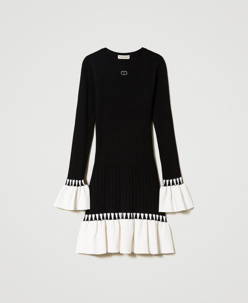 Short ribbed dress with flounces Bicolour Black / Off White Girl 232GJ3720_02714_S0