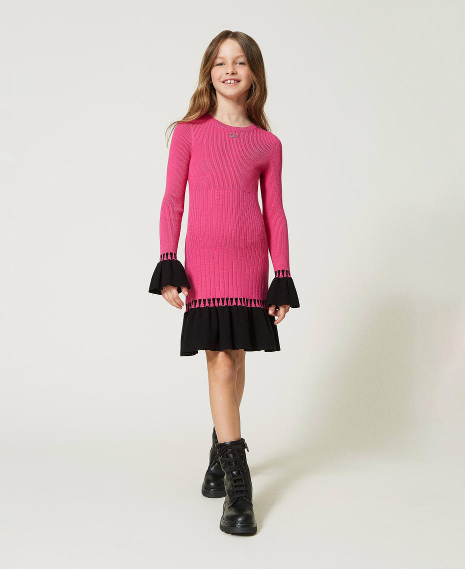 Short ribbed dress with flounces Two-tone Neon Pink / Black Girl 232GJ3720-01