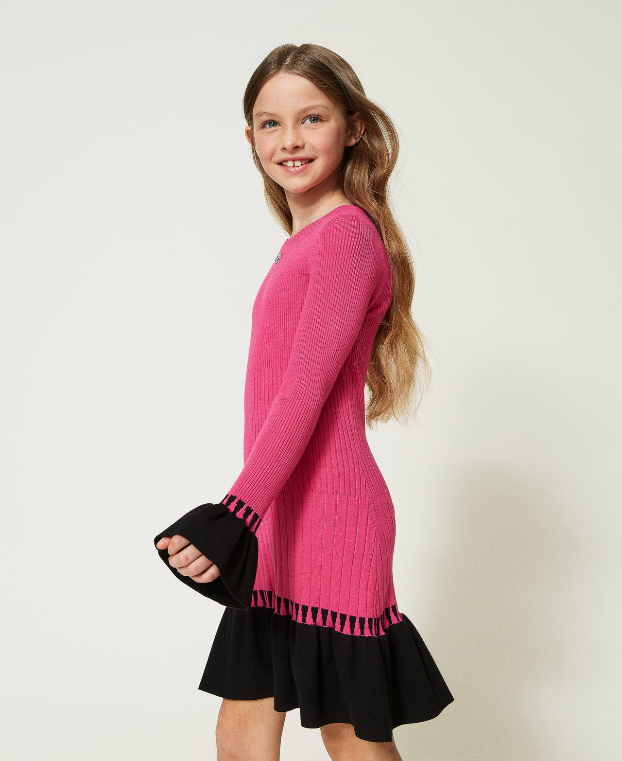 Short ribbed dress with flounces Two-tone Neon Pink / Black Girl 232GJ3720-02
