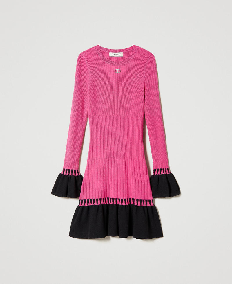 Short ribbed dress with flounces Two-tone Neon Pink / Black Girl 232GJ3720-0S
