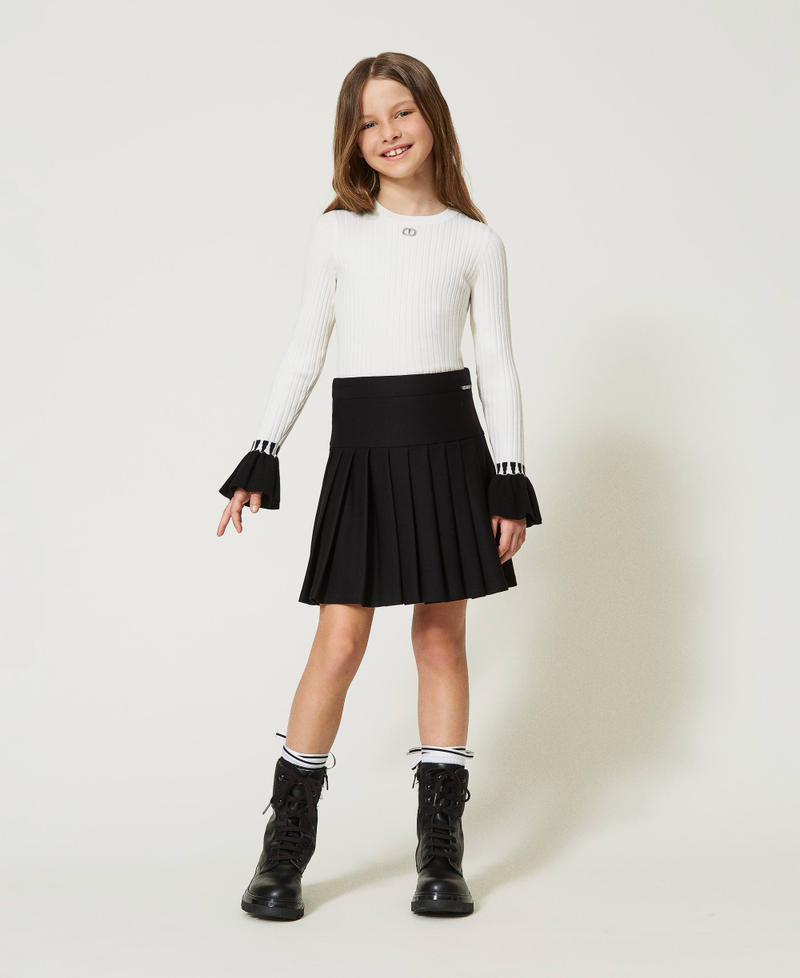 Ribbed jumper with flounces Bicolour Off White / Black Girl 232GJ3721-0T