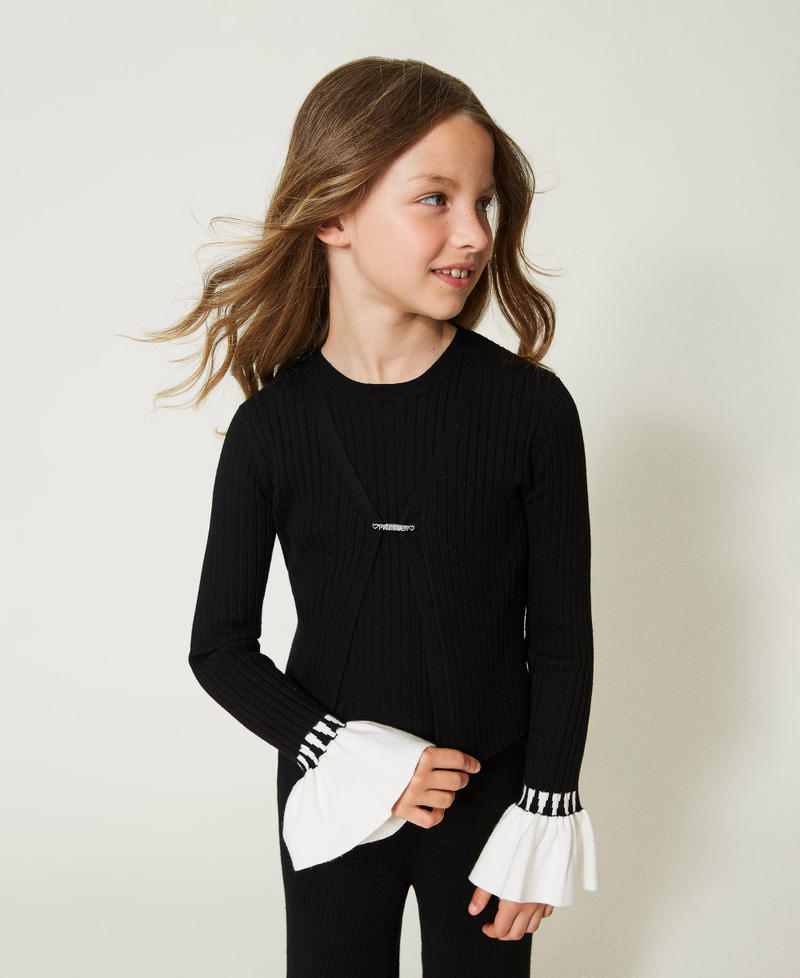 Ribbed cardigan and top Bicolour Black / Off White Girl 232GJ3722-01