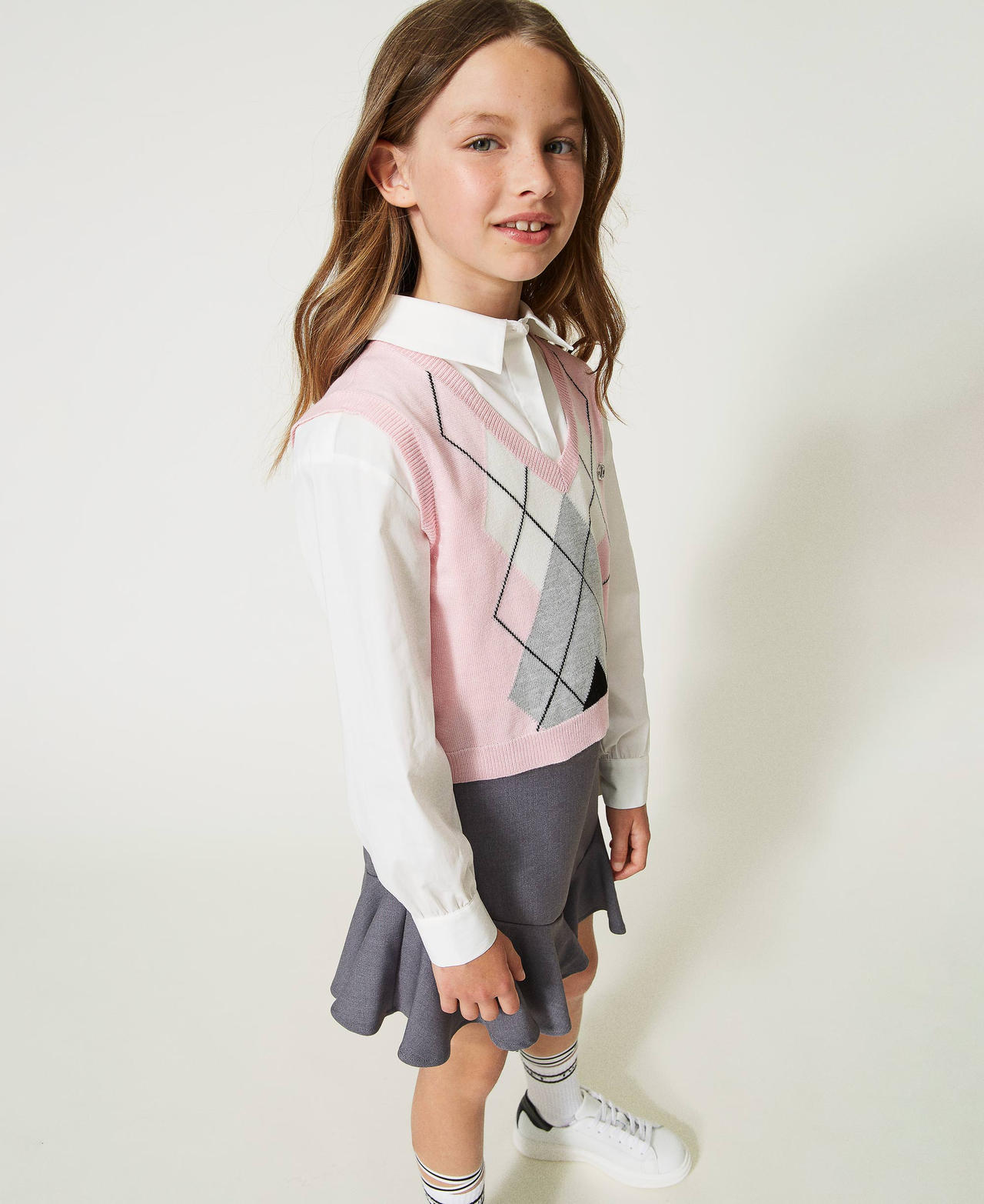 Wool blend jumper vest with inlay Multicolour Lilac Rose Girl 232GJ3731-02