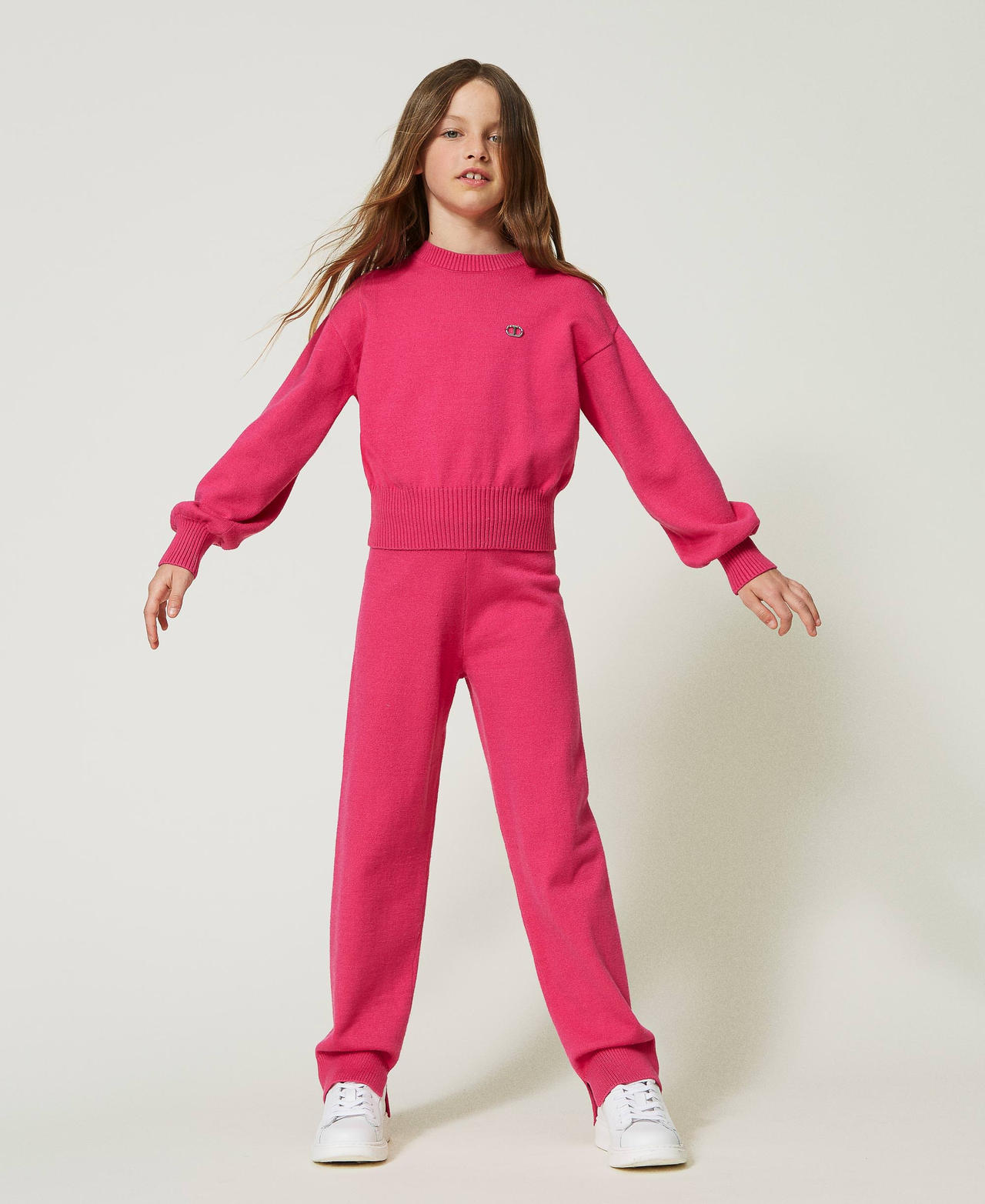 Pantaloni in maglia con Oval T Pink Fluo Bambina 232GJ3741_10918_02