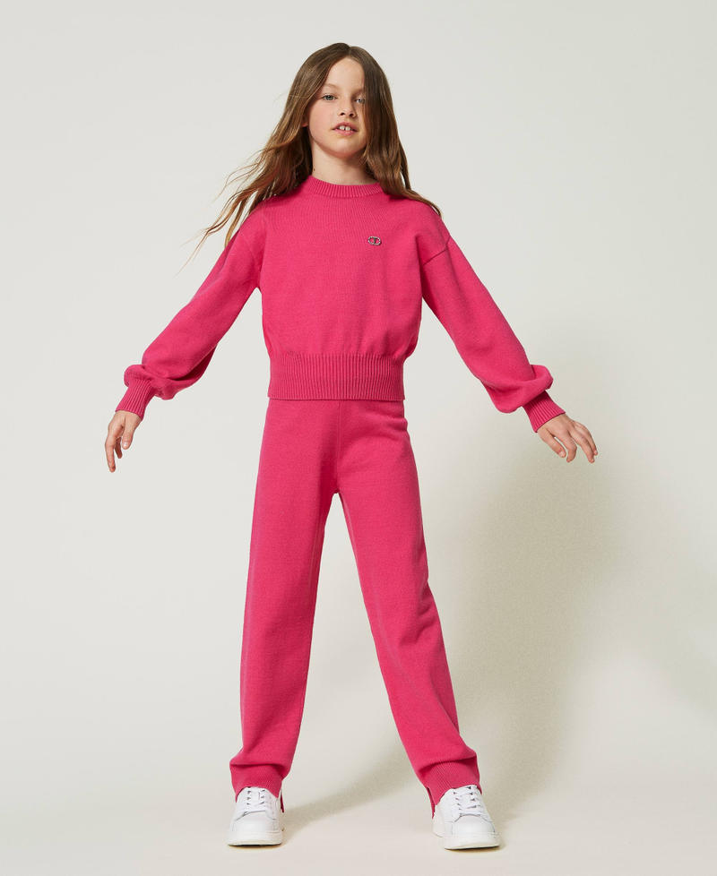 Pantaloni in maglia con Oval T Pink Fluo Bambina 232GJ3741_10918_02
