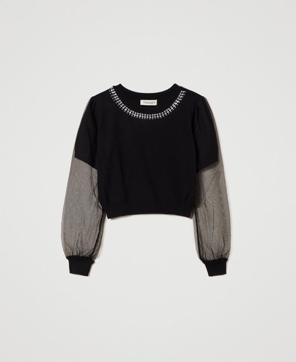 Pullover mit Tüll und Applikationen in Handarbeit Mädchen, Schwarz |  TWINSET Milano