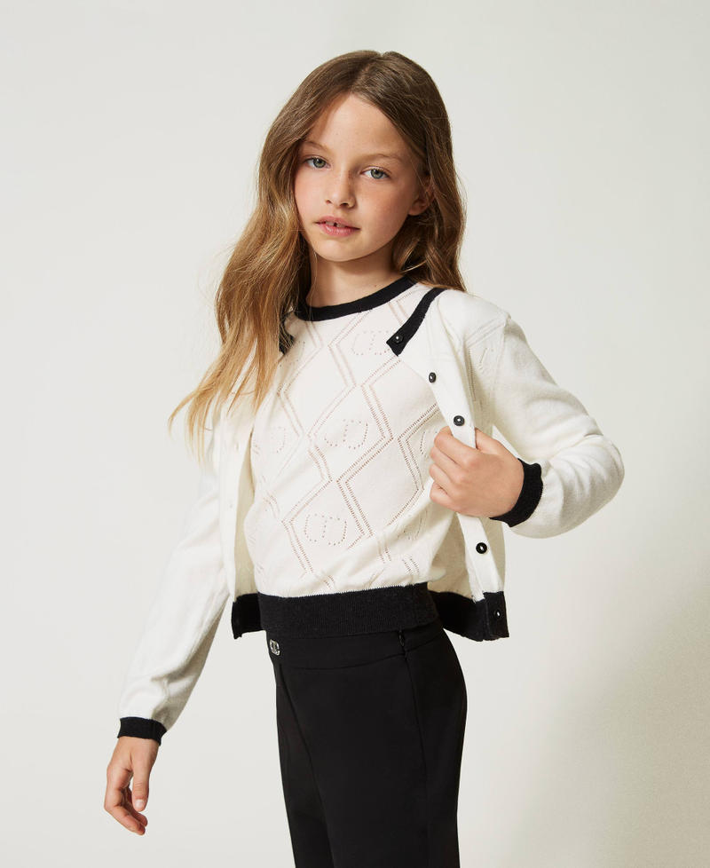 Cardigan and jumper with Oval T motif Bicolour Off White / Black Girl 232GJ3770-01