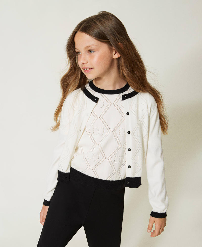 Cardigan and jumper with Oval T motif Bicolour Off White / Black Girl 232GJ3770-02