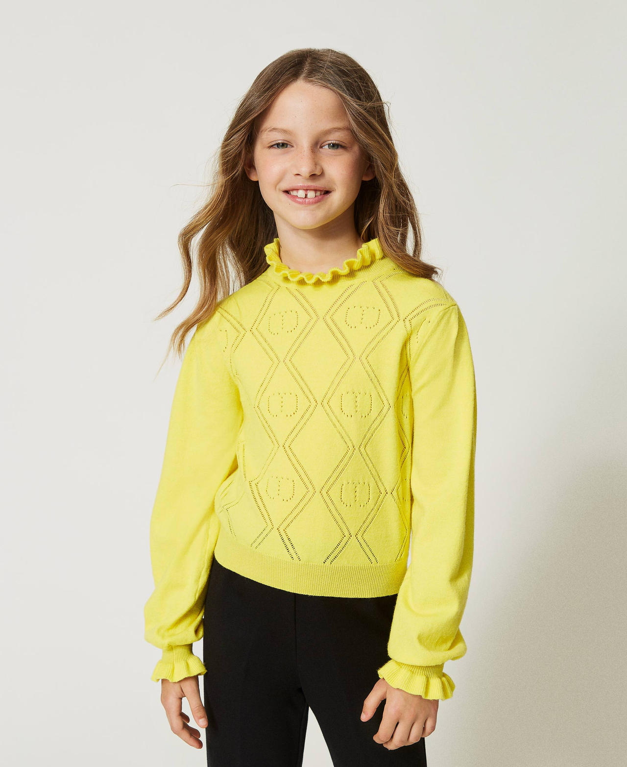 Pullover aus Wollmischung mit „Oval T“-Dessin Gelb Mädchen 232GJ3771_03394_02