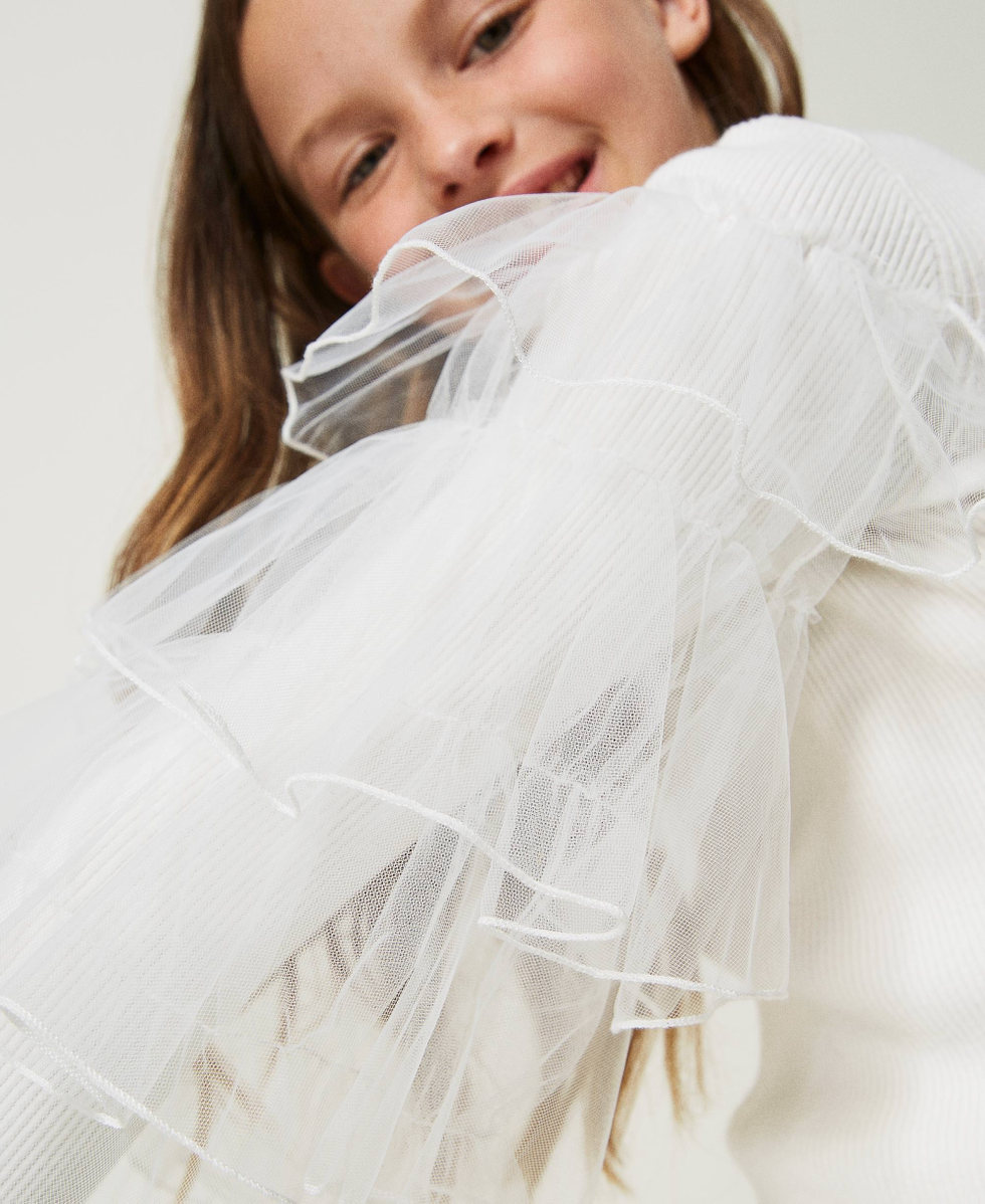 Pull col montant avec volants en tulle Off White Fille 232GJ3800_00526_01
