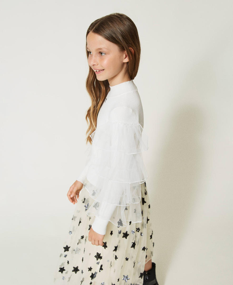 Pull col montant avec volants en tulle Off White Fille 232GJ3800_00526_03