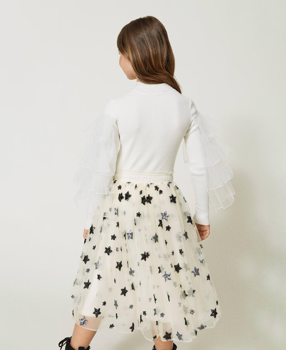 Pull col montant avec volants en tulle Off White Fille 232GJ3800_00526_04