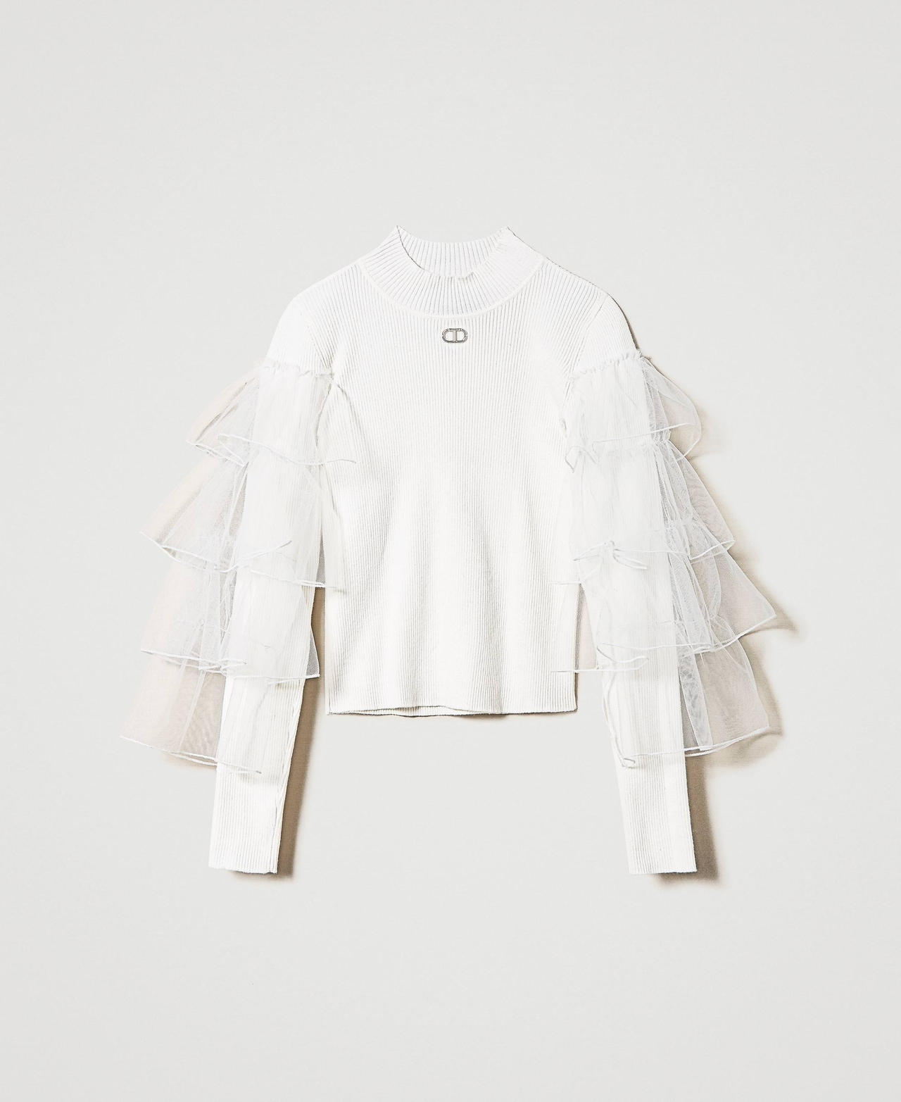 Pull col montant avec volants en tulle