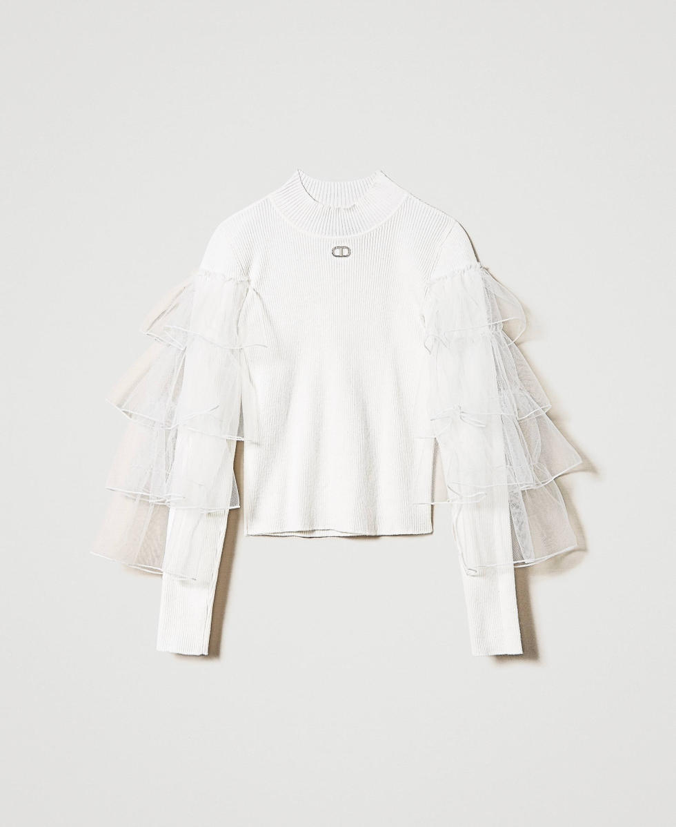 Pull col montant avec volants en tulle Off White Fille 232GJ3800_00526_S0