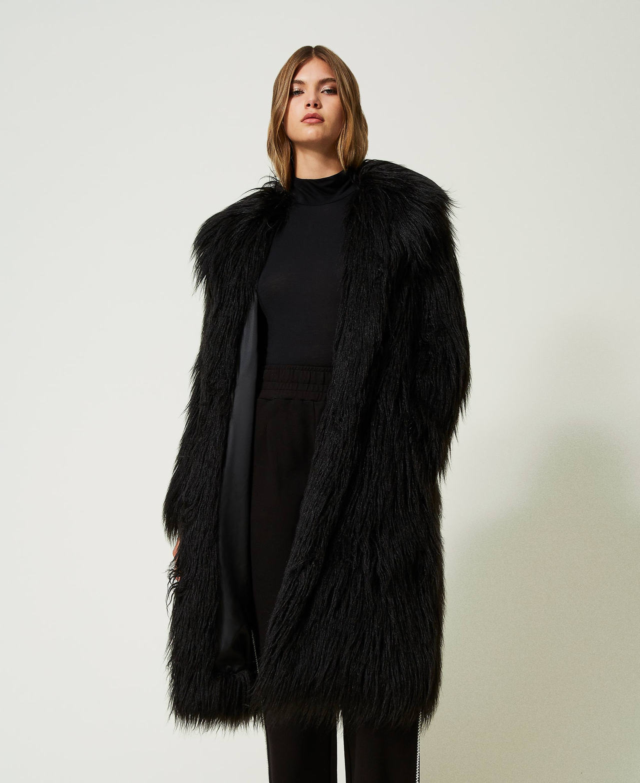 Black faux fur mid length coat on sale