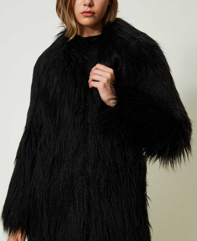 Black shaggy faux fur coat on sale